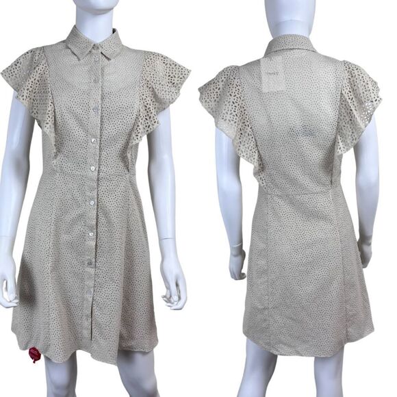 Theory Nova Women Size 2 Beige Eyelet Ruffle Shirt Mini NEW Lace Dress Button - Picture 1 of 17